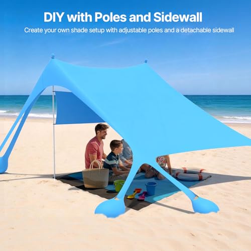 Suteck Beach Tent Sun Shelter with Sidewall, Easy Set Up 10x10ft Beach Canopy, Outdoor Sun Shade with UPF 50+UV Protection, 8 Sandbags, 4 Stability Poles for Camping, Fishing or Picnics(Sky Blue) - color: Sky Blue