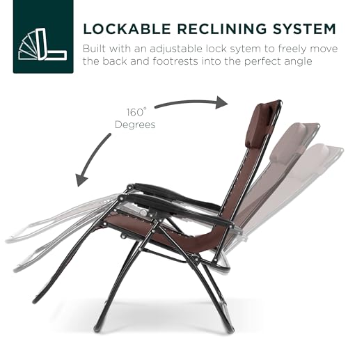 Best Choice Products Oversized Zero Gravity Chair, Folding Outdoor Patio Lounge Recliner w/Cup Holder Accessory Tray, Pillow - Brown - color: Brown