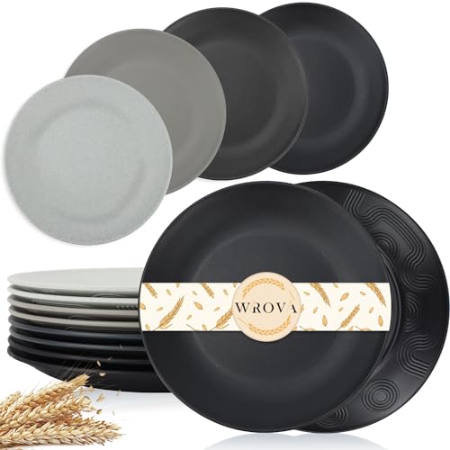 Wrova Wheat Straw Dinner Plates 9 Inch Unbreakable Set of 8 - Dishwasher & Microwave Safe Plastic Plates Reusable - Lightweight Plates for Kitchen,Camping,Apartment,Dorm,RV,Party - Black to Grey - color: Black,Deep Gray,Gray, size: 9 inch