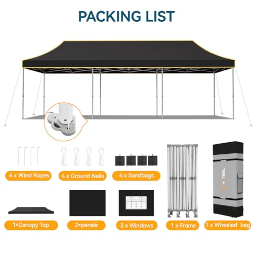 Hoteel 10x30 Pop Up Canopy Tent Heavy Duty with 5 Sidewalls, Waterproof Party Tent, Easy Set-up Commercial Instant Tents with Roller Bag & Sandbags, Hexagonal Leg (1-Year Warranty) - color: Black, size: 10×30 （5 Walls）