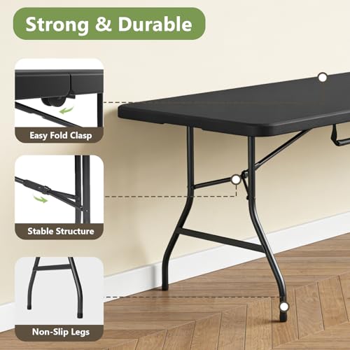 8FT Folding Table, Heavy Duty Plastic Fold-in-Half Utility Table with Handle, Portable Camping Picnic Table with Steel Legs for Indoor Outdoor Party, Dining, BrownBlack - color: Black, size: 8FT