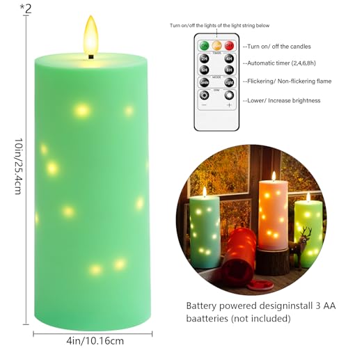 kakoya 10" x 4" Large Outdoor Waterproof Flickering Flameless Candles with Timer,2Pcs Battery Operated LED Pillar Candles with Embedded Star String for Outdoor Lanterns,Porch,Patio Decor(Green) - color: Green, size: 2PCS-D4"xH10"