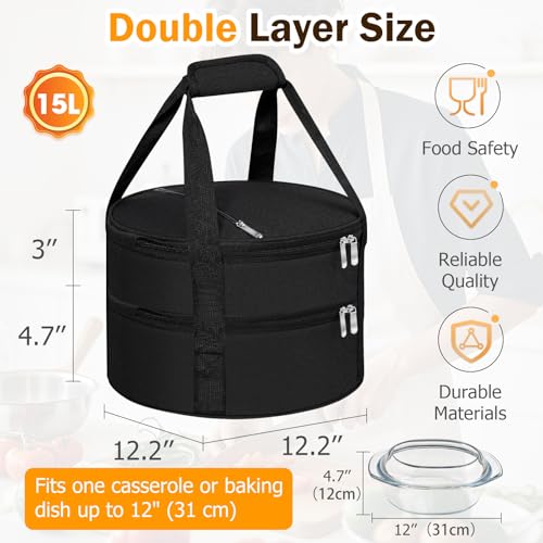 Round Double Insulated Casserole Carrier – 12" Portable Pie Carrier Bag for Hot or Cold Food, Leakproof Thermal Lunch Tote with Handle for Parties Picnic & Travel - Black - color: Black, size: Double