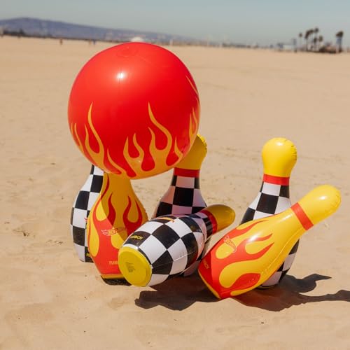 Hot Wheels & FUNBOY Inflatable Checkered Flame Kids Backyard Bowling Set with Large Ball and Six Bowling Pins