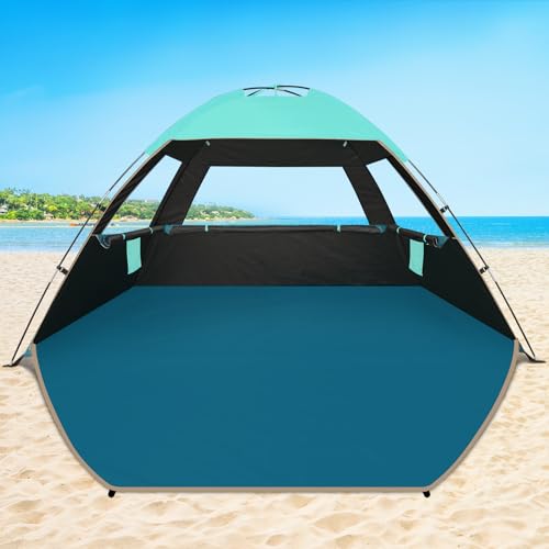COMMOUDS Beach Tent Sun Shade for 3/4/6/8 Person, UPF 50+ Beach Sun Shelter Canopy Tent, Lightweight, Easy Set Up and Carry - color: Turquoise with Dark Shelter, size: 3 Person