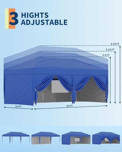 10X20 Pop Up Canopy Tent with 6 Sidewalls – Heavy Duty Commercial Instant Shelter, One-Person Quick Setup Outdoor Party Tent, Water-Resistant & Portable, Blue - color: Blue