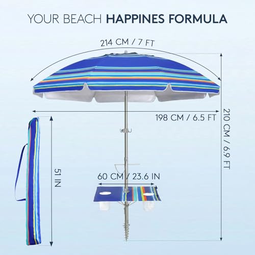 PASAMIC 7ft Beach Umbrella for Sand Featuring a 23'' Built-in Table with Sand Anchor & Tilt, UPF 50+ Protection Beach Umbrella for Heavy Duty Wind with Bag and Hook, Dark Blue Stripes（Random pattern） - color: Dark Blue Stripes, size: 7FT with Table