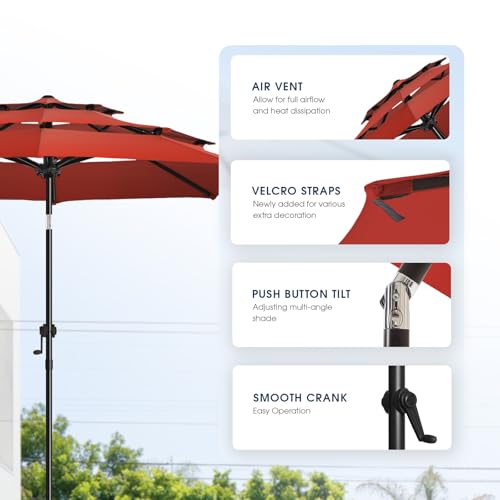 wikiwiki 10ft 3-Tier Patio Umbrella Outdoor Table Market Umbrella for Patio with Push Button Tilt/Crank, Fade Resistant Waterproof POLYESTER Canopy for Garden, Lawn, Deck, Backyard & Pool, Red - color: Red, size: 10 FT