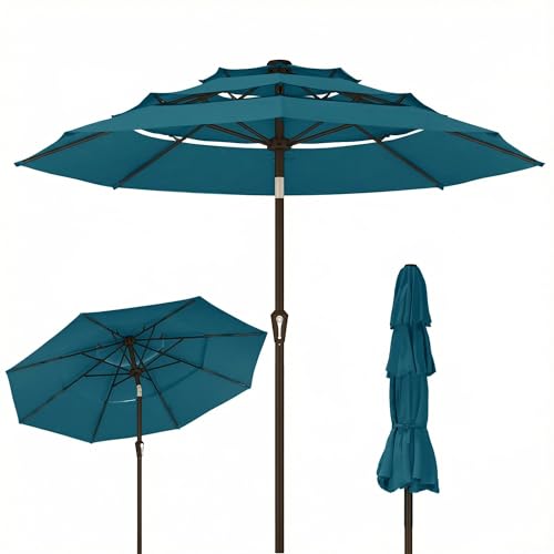 Kingdura 10ft 3-Tier Patio Umbrella, Outdoor Table Umbrella with Easy Crank & Tilt, 8 Reinforced Ribs, UV Protection for Deck, Pool, Market, Backyard (Lake blue) - color: Lake blue, size: 10 FT