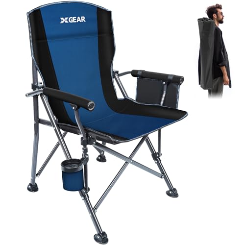XGEAR Camping Chair with Padded Hard Armrest, Sturdy Folding Camp Chair with Cup Holder, Storage Pockets Carry Bag Included, Support to 400 lbs - color: 1-blue