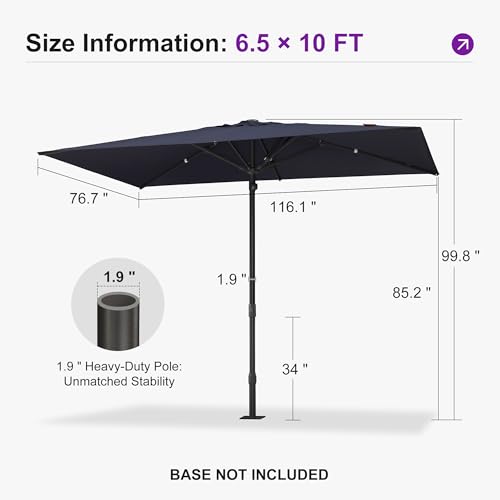 PURPLE LEAF 10' x 6.5' Rectangular Semi-Auto Outdoor Patio Umbrella Aluminium Market Umbrella Table Sun Umbrella with 1.89" Rod and 6 Sturdy Ribs for Deck Lawn Pool Garden, Navy Blue - color: Navy Blue, size: 6.5' x 10'