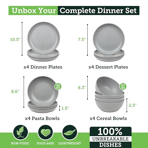 Grow Forward 16-piece Premium Wheat Straw Dinnerware Sets for 4 - Unbreakable Dishwasher & Microwave Safe Plastic Plates and Bowls Sets - Patio, Outdoors, RV, Camping Dishes - Feather - color: Feather Grey