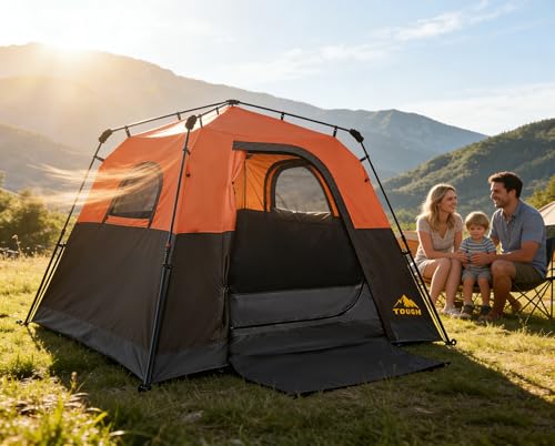 3/4 Person Camping Tent with 1 Door, 4 Windows, and Upgraded Ventilation– Instant Setup, Waterproof, 8'x 8'x 67''Oxford Fabric Floor Pop Up in 60 Seconds Includes Rainfly and Backpack - color: 4 Person Brick Red/2-Layer