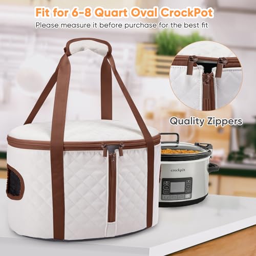 BAGSPRITE Slow Cooker Carrying Case Compatible with 6-8 Quart Crockpot Carrier for Hot Food and Hamlton Beach Slow Cooker Tote with Lid Fastener for Crock-pot Dust Cover Applicances - color: Ivory