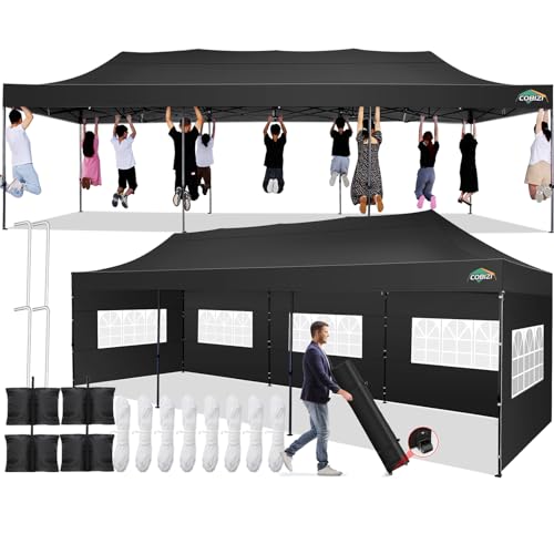 COBIZI 10x30 Pop up Canopy Tent 10x30 Canopy with 8 Sidewalls Waterproof Heavy Duty Commercial Tent for Parties Outdoor Garden Gazebo, Carry Bag with Wheel(10x30ft, Black) - color: Black, size: 10X30FT 8 Sidewalls