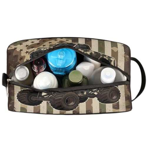 Travel Toiletry Bag for Boys Kids - Monster Truck Camo Flag Waterproof Hanging Cosmetic Hygiene Bags Lightweight Large Shave Kit for Toiletries Accessories Bathroom Stuff, Gifts for Men - color: Camouflage Monster Truck American Flag