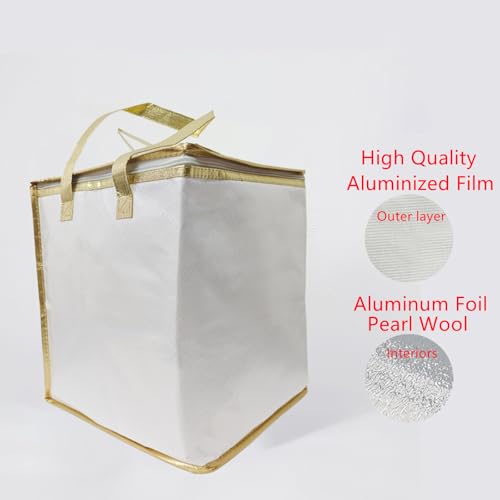 11.8×11.8×13.8" Reusable Insulated Zipper Aluminum Foil Tote Bag Suit for Picnic Cake FruitDrink Refrigeration Also for Delivery of Takeaway Thermal Pizza Insulated Delivery (Laser White) - color: Laser WHITE, size: 11.8×11.8×13.8"