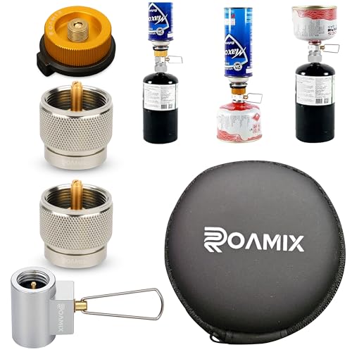 Roamix 4PCS Multi Fuel Gas Adapter Set - EN417 Lindal Valve & Butane to Propane Adapter for Camping Stove with Carrying Bag