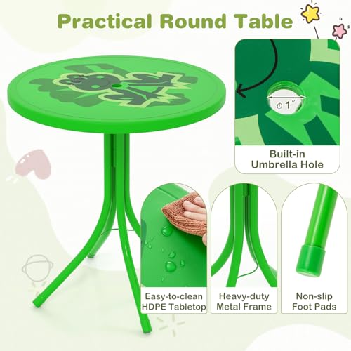 KOTEK Kids Picnic Table with Umbrella, Outdoor Table & 2 Folding Chairs, Cute Pattern Children’s Patio Furniture, Portable Kids Table and Chair Set for Backyard, Garden, Beach (Bright Green) - color: Bright Green Frog