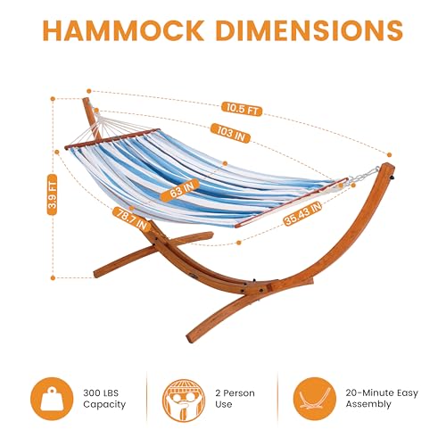 Lazy Daze Hammocks Cotton Fabric Spreader Bar Hammock and 10.5 Ft Wood Arc Hammock Stand Combo, for Indoor, Outdoor, Patio, Backyard, Blue and White - color: Blue and White