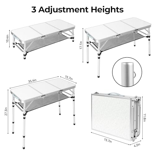 Folding Camping Table with Storage Net,3ft Portable Aluminum Folding Table with 3 Adjustable Height Max 27.3 Inch for Outdoor Backyard BBQ Picnic Cooking Tents Beach Indoor Bedroom（Silver） - color: Silver
