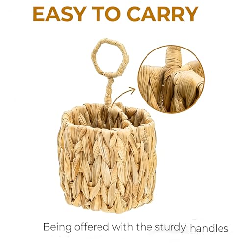 Hiceeden 2 Pack Woven Silverware Caddy with Handle, Natural Water Hyacinth Flatware Holder Organizer with 3 Compartments, Wicker Utensil Basket Cutlery for Kitchen Countertop, Picnic, Party, Hexagon