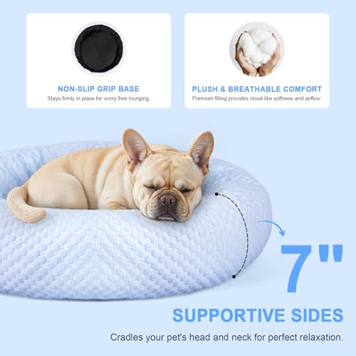 Donut Dog Bed for Small & Medium Dogs - Cooling Pet Bed with Non-Slip Bottom, Summer Comfort Dog Beds for Puppies, Washable & Portable Egg Tart Shape (M) - color: Blue Donut, size: Medium