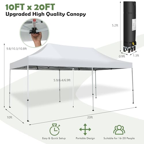 Tangkula 10x20 Ft Pop Up Canopy, UPF 50+ Easy Setup Instant Canopy Tent with 1-Push Center Lock, Wheeled Bag, 8 Stakes, 4 Ropes, Outdoor Commercial Sun Shelter Tent for Camping, Travel, Picnic - color: White, size: 10x20FT