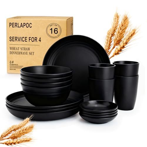 Wheat Straw Dinnerware Sets 16 PCS, Unbreakable Kids Plates and Bowls for 4-9 IN Plates, 26 OZ Cereal Bowls, 2 OZ Dipping Bowl, 12 OZ Cups, Dishwasher & Microwave Safe Plate Set - Black - color: Black, size: 16 PCS