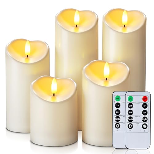 Homemory Outdoor Waterproof Flameless Candles, LED Candles, Battery Operated Candles with Remote and Timers, Electric Fake Plastic Pillar Candles, Ivory White, D3 H4 5" 6" 8" 8", Set of 5 - color: Ivory White, size: D3"xH4"5"6"8"8"