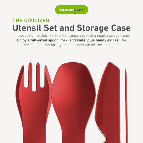 humangear GoBites Trio | Travel & Camping Utensils | Portable & Convertible Dining Ware | Multi-Functional Spork & Knife, Red - color: Red