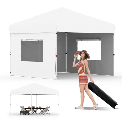 Pop Up Canopy Tent 10x10 FT Outdoor Canopy One-Person Set Up Heavy Duty Commercial Instant Tent with 3 Sidewall, White - color: White, size: 10x10FT/3-Sidewall