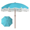 7ft Patio Umbrella with Fringe, Boho Beach Umbrellas, Outdoor Tassels Umbrellas with Push Button Tilt & Carrying Bag, 8 Windproof Fiberglass Ribs, UPF50+ - color: Light Blue