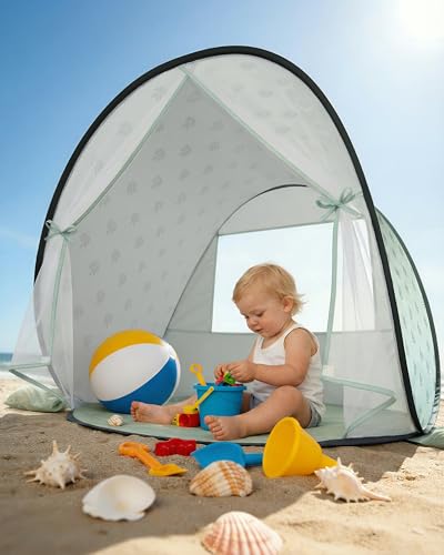 Baby Beach Tent, 2026 Upgrade Pop Up UPF 50+ UV Protection Sun Shelter Canopy with Mosquito Net Portable Outdoor Shade Summer Essentials for Babies & Toddlers - style: Green Leaves
