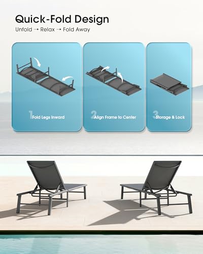 Ciokea Foldable Outdoor Lounge Chair, No Assembly Patio Chaise Lounge Outdoor with 5-Positions, Aluminum Pool Lounge Chair with Portable Design for Pool, Beach, Deck, Backyard, Grey - color: Grey-upgraded, size: 1 Pack