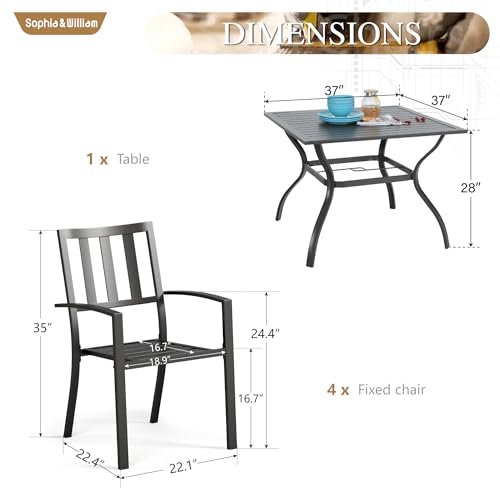 Sophia & William Patio Table and Chairs Set, Outdoor Dining Set for 4, 5 Piece Metal Patio Furniture, 37" Black Square Table(Stripe) - color: Stripe, size: 37"