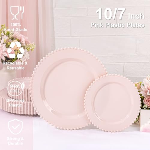 U-QE 60PCS Pink Plastic Plates - Heavy Duty Beaded Pink Disposable Plates for Mothers Day, Party, Baby Shower, Wedding - Serving 30 Guests Include 30PCS 10inch Dinner Plate & 30PCS 7inch Dessert Plate - color: Pink