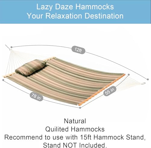 Lazy Daze 12 FT Quilted Fabric Double Hammock with Spreader Bars and Detachable Pillow, 2 Person Hammock for Outdoor Patio Backyard Poolside, 450 LBS Weight Capacity, Mixed Green & Brown Stripe - color: Green & Brown Stripe