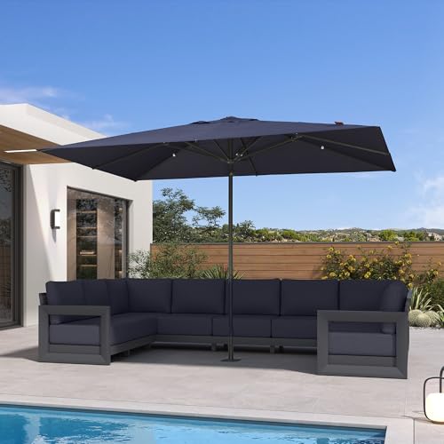 PURPLE LEAF 11' x 8' Rectangular Semi-Auto Outdoor Patio Umbrella Aluminium Market Umbrella Table Sun Umbrella with 1.89" Rod and 8 Sturdy Ribs for Deck Lawn Pool Garden, Navy Blue - color: Navy Blue, size: 8' x 11'