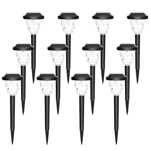 GIGALUMI 12 Pack Solar Lights Outdoor, Solar Pathway Lights with Great Pattern, Waterproof Auto On/Off Solar Powered Light for Outside Yard Garden Walkway Driveway Lawn Pathway - color: Cold White, size: 14.17'' 12 Pack