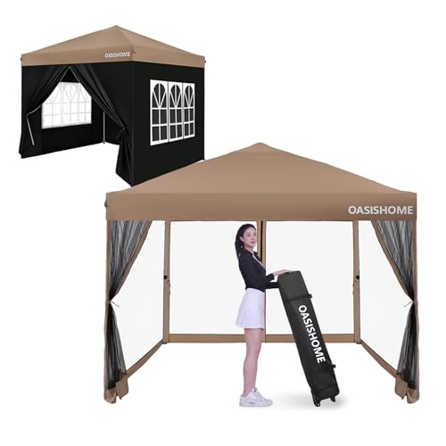 OASISHOME Pop-up Gazebo Instant Portable Canopy Tent 10'x10', with 2 Styles Sidewalls,Netting, Windows, Wheeled Bag, for Patio/Outdoor/Wedding Parties and Events(Khaki，10x10) - color: Khaki with 2 styles Sidewalls