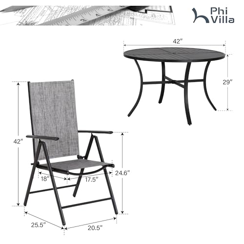 PHI VILLA 5 Piece Outdoor Patio Dining Set, 42 Inch Round Patio Table Set with 4 Adjustable High Back Folding Patio Sling Chairs, Grey - color: Grey, size: 5 Piece Round