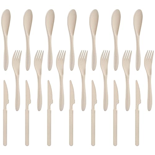 Forks Spoons Knife Set, 21 Pieces Wheat Straw Cutlery Set, Reusable Utensil Set for 7, Unbreakable and Lightweight Utensils for Party, Travel, Work, Lunch, Picnic, Camping or Daily Use (Beige) - color: Beige