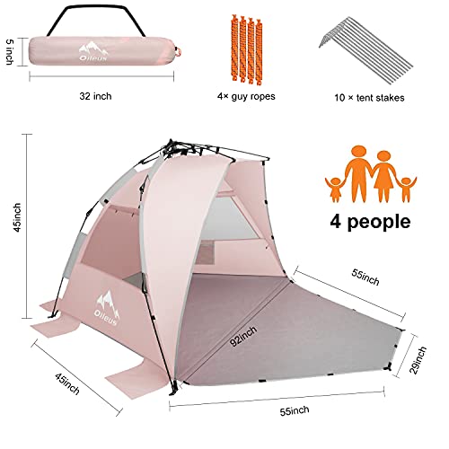 Oileus X-Large 4 Person Beach Tent Sun Shelter - Portable Sun Shade Instant Tent for Beach with Carrying Bag, Stakes, 6 Sand Pockets, Anti UV for Fishing Hiking Camping, Waterproof Windproof, Pink - color: Pink