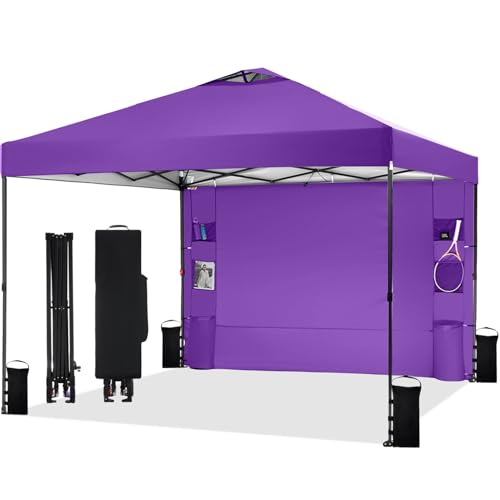 Tunbne 12'x12' Pop Up Canopy Tent with 1 Sidewall and 6 Pockets, One Push Setup, Case, 8 Stakes, 4 Ropes, 4 Sandbags (Purple, 12x12) - color: Purple, size: 12x12
