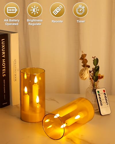 Enido Gold 2 Pc 3-in-1 Taper Flameless LED Candles with Remote, Battery Operated Acrylic Pillar Set, 3" x 6" Flickering Electric Lights for Cozy Home & Holiday Romantic Decor - color: Amber