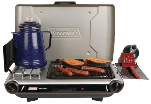Coleman Tabletop 2-in-1 Grill & Stove with 2 Adjustable Burners, Propane Grill/Stove with Push-Button Starter, Wind Guards, Grease Tray, & 20,000 BTUs of Power for Camping, Tailgating, & More - color: Silver, style: PFAS-Free