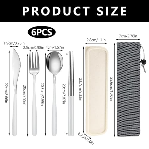 Travel Utensils With Case, 6Pcs Forks Spoons Knife Chopsticks Reusable Cutlery Set, Stainless Steel Flatware Set, Portable Silverware for Camping Picnic Work School, Dishwasher Safe (Silver) - color: Silver