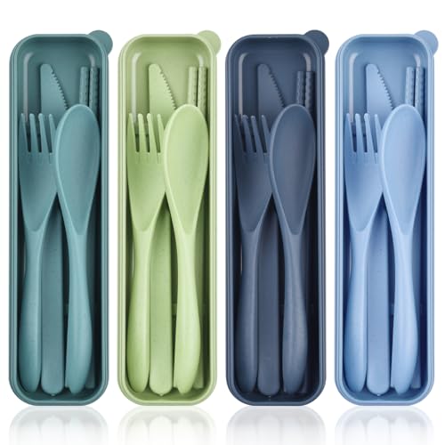 Reusable Utensils Set with Case, 4 Sets Portable Travel Cutlery Set, Wheat Straw Flatware Sets for Kids Adults, Camping Eating Utensils Sets for Daily Use or Outdoor