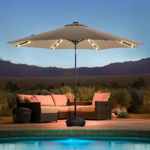 wikiwiki 11FT Solar Led Patio Umbrella with Base Included, 32 LED Lights, 8 Sturdy Ribs, Fade Resistant Waterproof POLYESTER DTY Canopy for Garden, Lawn, Deck, Backyard & Pool, Tan - color: Tan, size: 11FT